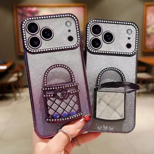 For iPhone17/15/14/13/12promax Rhinestone Phone Case Makeup Mirror Holder Quicksand Glitter Case RELUX.STORE