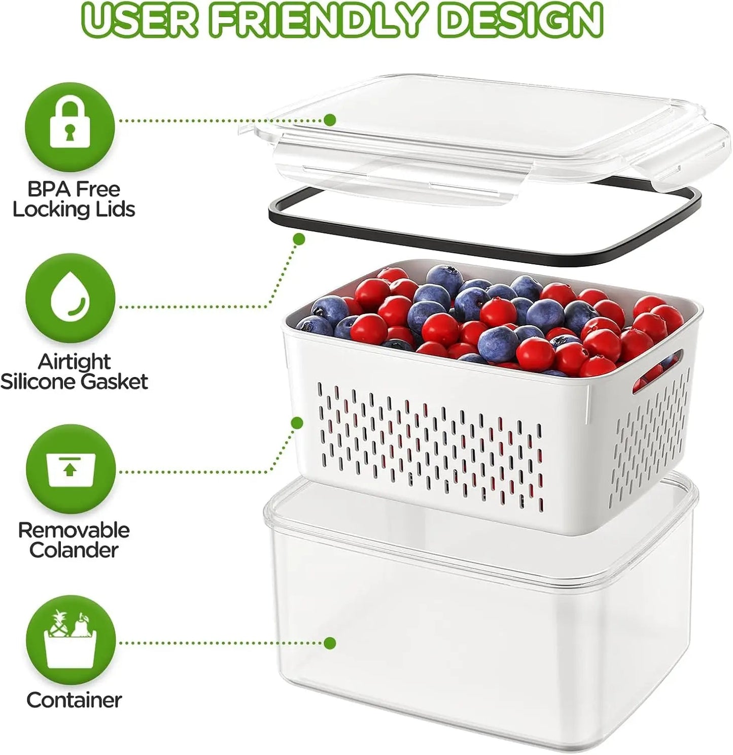 Fruit Storage Containers for Fridge Produce Containers with Removable Fruit Washing Bowl with Strainer for Salad Berry Lettuce RELUX.STORE