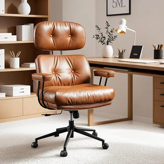 Ergonomic Mid-Century Modern Leather Office Chair with Lumbar Support High Back Swivel Rolling Executive Chair for Home Use