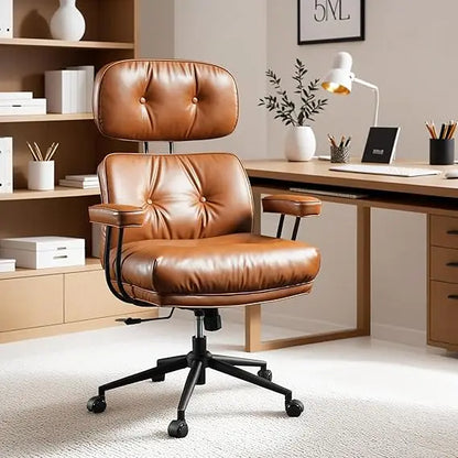 Ergonomic Mid-Century Modern Leather Office Chair with Lumbar Support High Back Swivel Rolling Executive Chair for Home Use