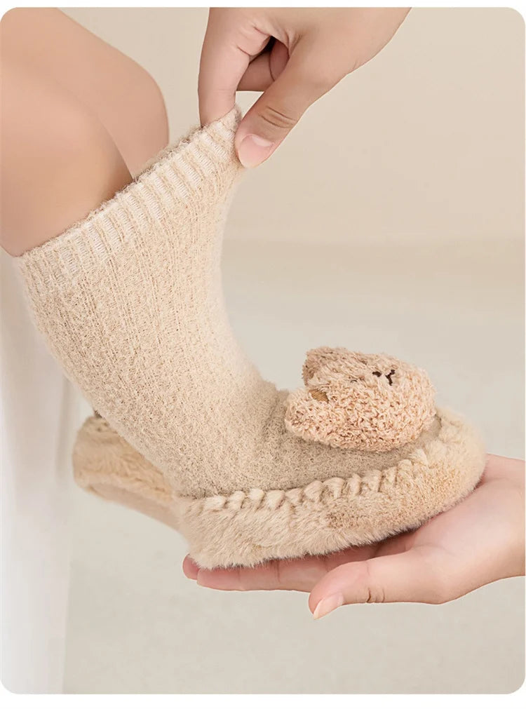 Baby Socks For Girls Boys Shoes Velvet Winter Thicken Warm Cartoon Bear Newborn Floor Sock Non Slip Soft Toddler First Walker