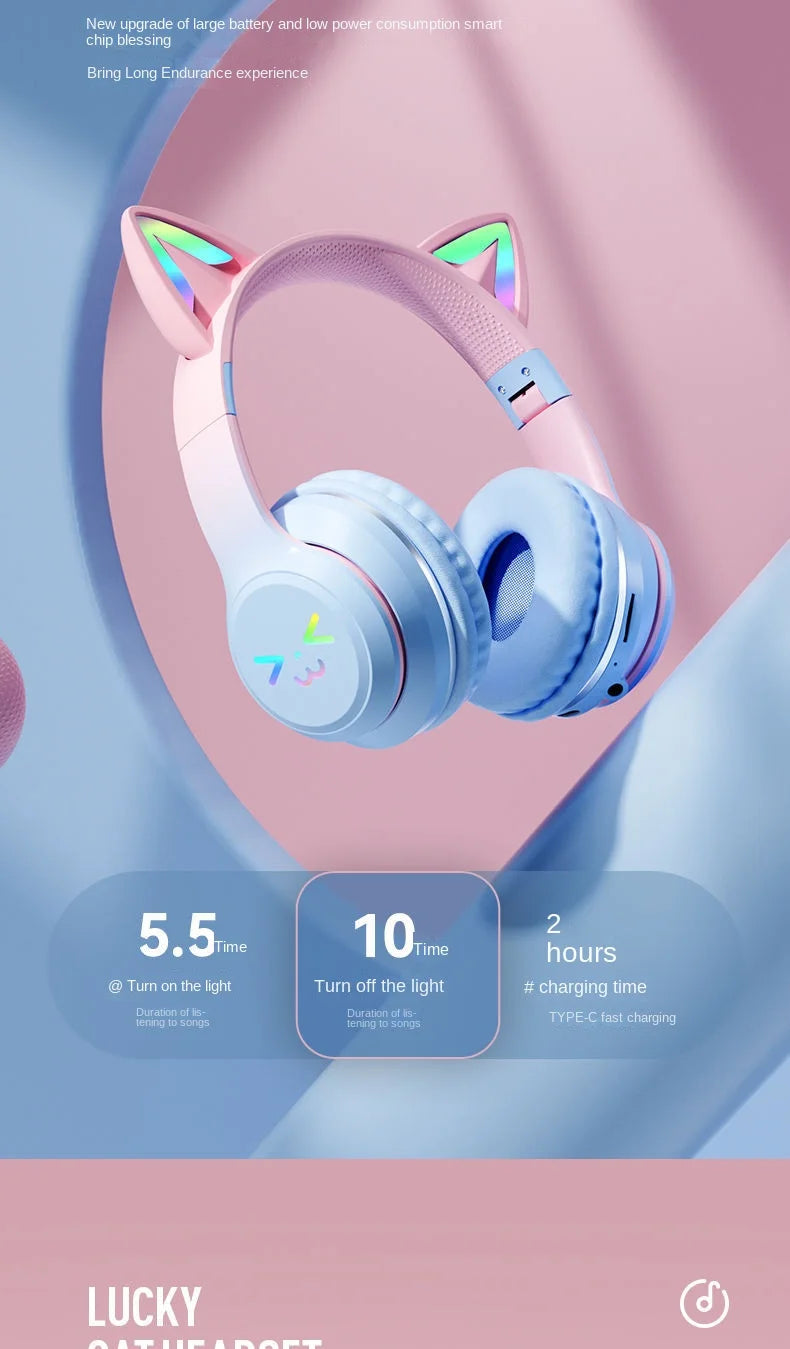 Wireless Headphones RGB Cute Cat Girls Kids Gift Headset with Microphone Stereo Music Gaming Earbud Control Lights Earphone