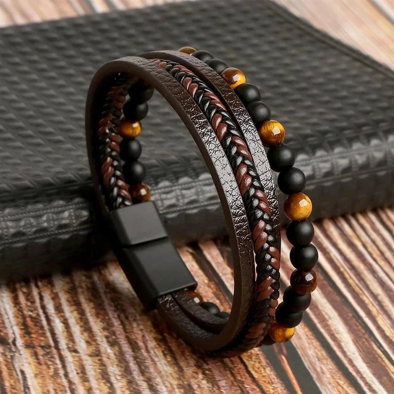 Men Leather Bracelet Classic Fashion Tiger Eye Beaded Multi Layer Leather Bracelet For Men Jewelry Gift RELUX.STORE
