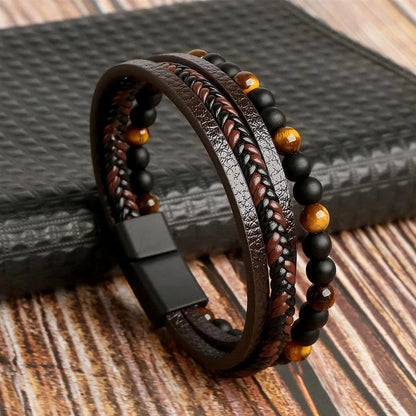 Men Leather Bracelet Classic Fashion Tiger Eye Beaded Multi Layer Leather Bracelet For Men Jewelry Gift RELUX.STORE