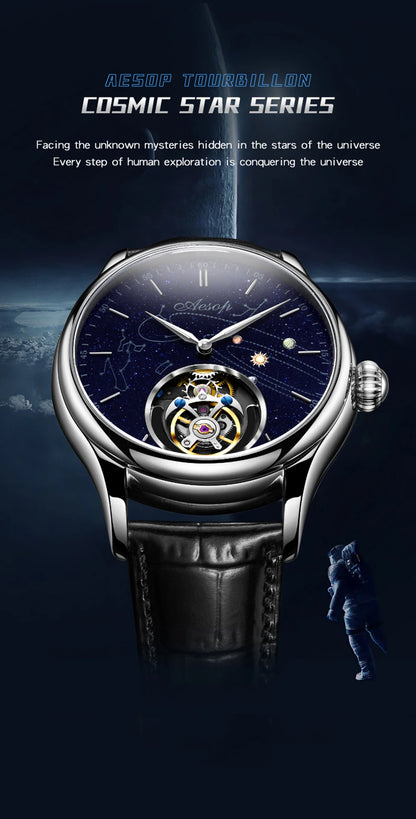 AESOP Mens Luxury Real Flying Tourbillon Mechanical Sapphire Waterproof Watch Skeleton Watches for Men Wristwatches Male 2025 A