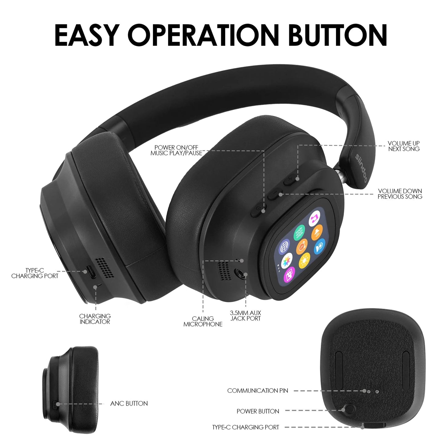 Siindoo JH-ANC930Plus Active Noise Cancelling Headphones, Hybrid Wireless Headphone With Multi Magnetic Touch Control LED Screen RELUX.STORE