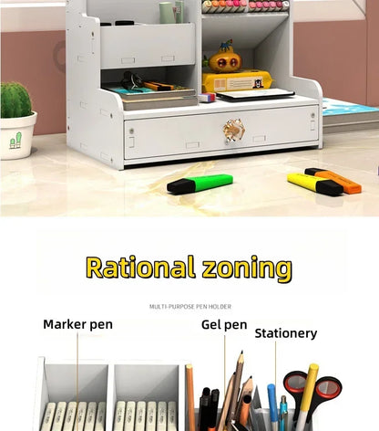 Wooden Desk Organiser DIY Desktop Tidy Pen Holder Large Capacity Stationery Storage Box with Drawer for Home Office and School