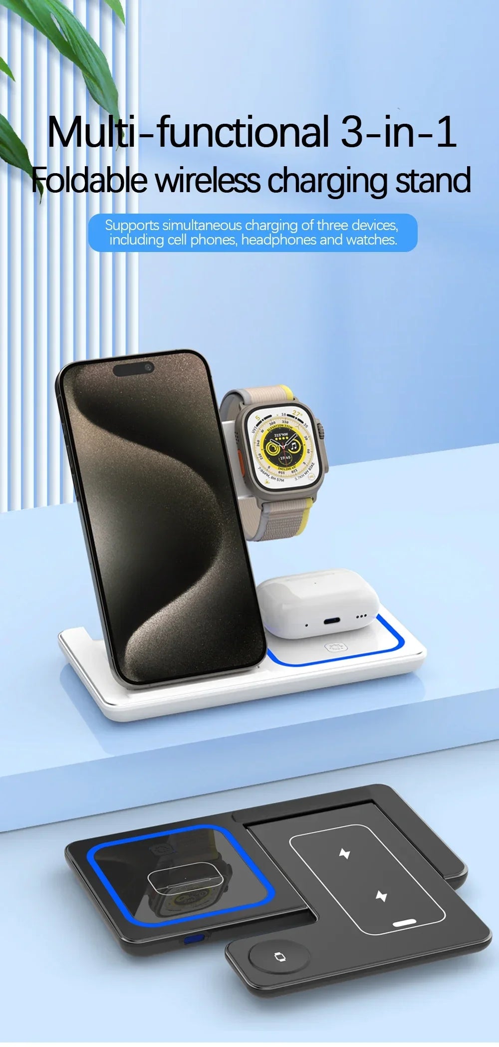 Foldable Phone Wireless Charger Station For iPhone 16 15 14 13 12 Pro Max Apple Watch 10/9/8/7/6 AirPods 3/2 Fast Charging Dock
