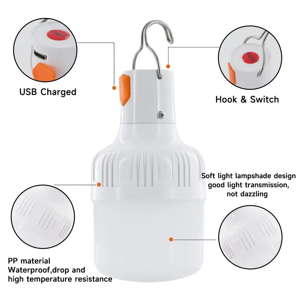 Portable Rechargeable LED Street Camping Light with Hook Dimmable Tent Lantern USB Charging Emergency Multifunctional LED Lamp