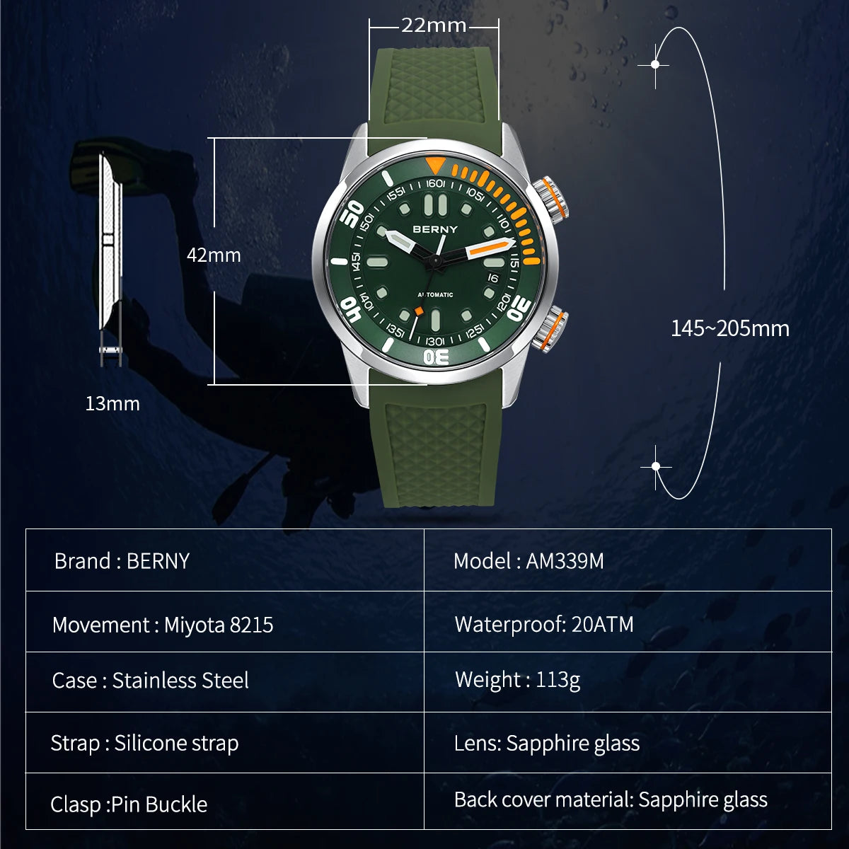 BERNY 20Bar Diver Men Mechanical Watch Miyota 8215 Super Luminous Sapphire Swiming Automatic Self Wind Silicone Men Wristwatch