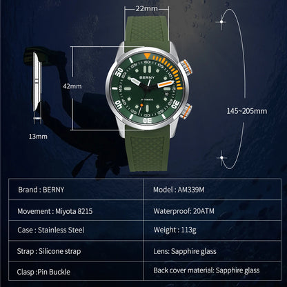 BERNY 20Bar Diver Men Mechanical Watch Miyota 8215 Super Luminous Sapphire Swiming Automatic Self Wind Silicone Men Wristwatch