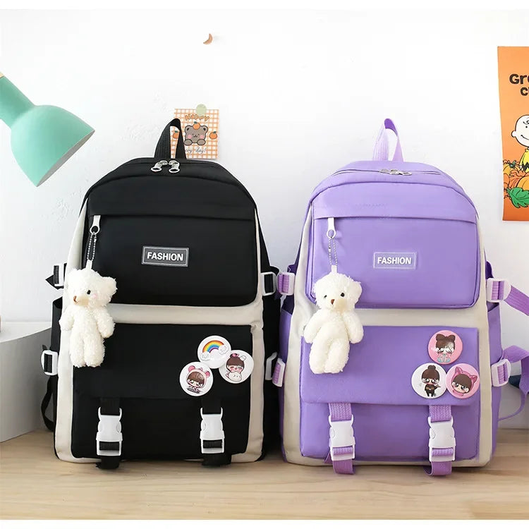Five-Piece Set Large Capacity Fashionable Double Shoulder Backpack for Junior And High School Girls Primary School Students
