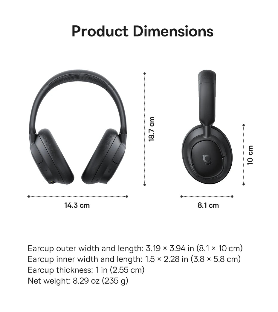 Baseus EH10 NC ANC Wireless Headphones 45dB Adaptive Hybrid Noise Cancelling Headsets Hi-Res LDAC Headphone Bluetooth 6.0 80Hrs