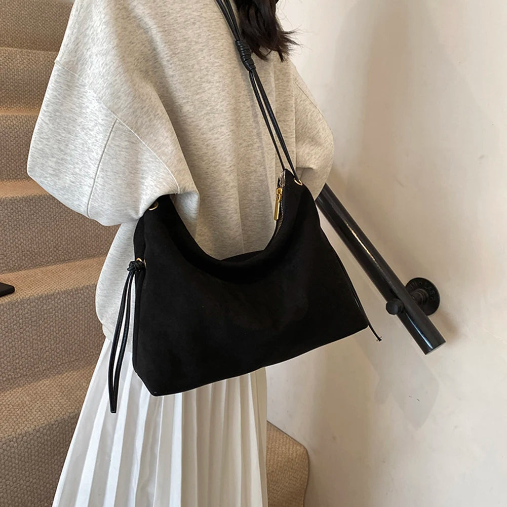 Women Suede Shoulder Bag Adjustable Strap Messenger Bag with Zipper Trendy Retro Handbag for Work Travel RELUX.STORE
