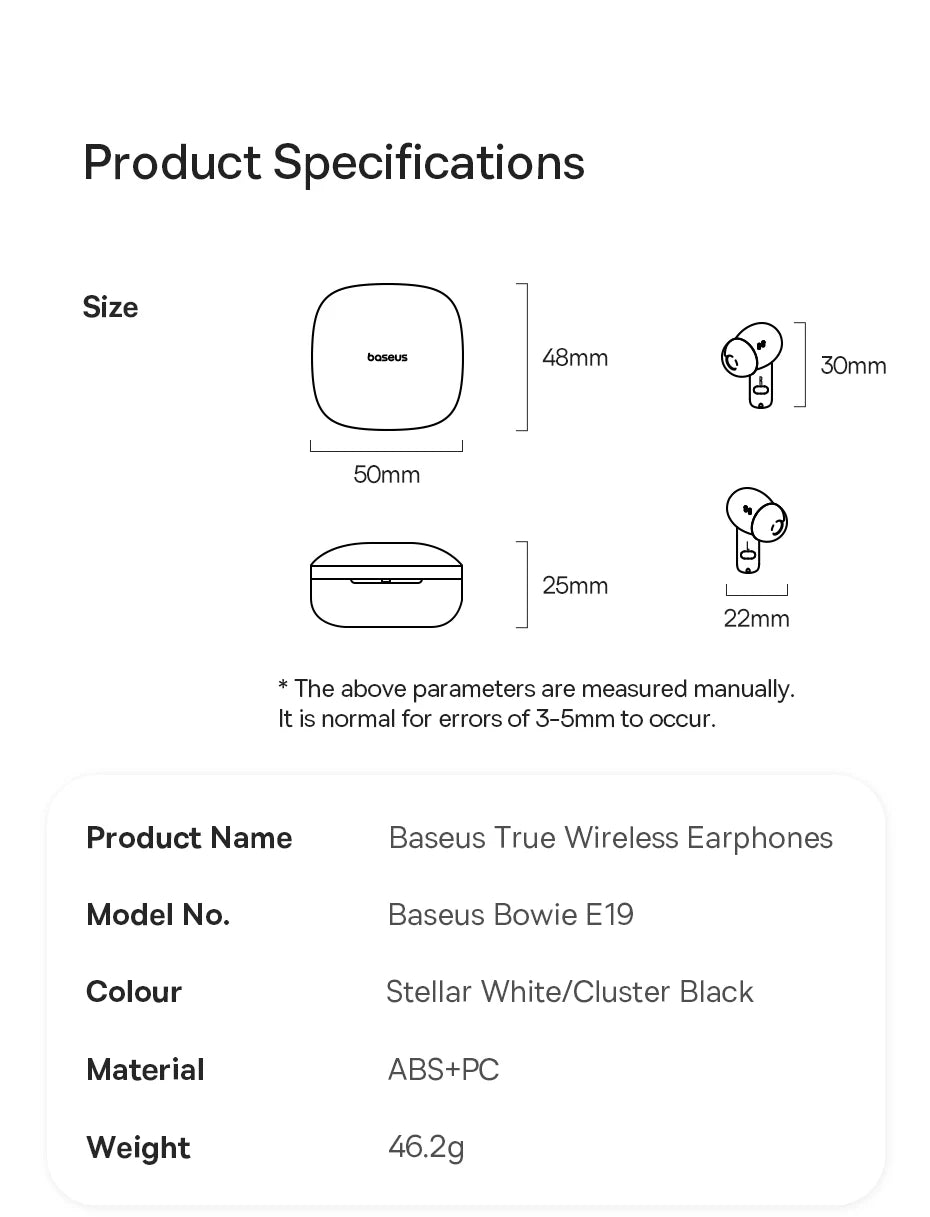 Baseus Bowie E19 Wireless Earphones Bluetooth 5.3 Big Bass 12mm Drivers IPX5 Waterproof Earbuds 33Hrs Battery Life Headphones RELUX.STORE