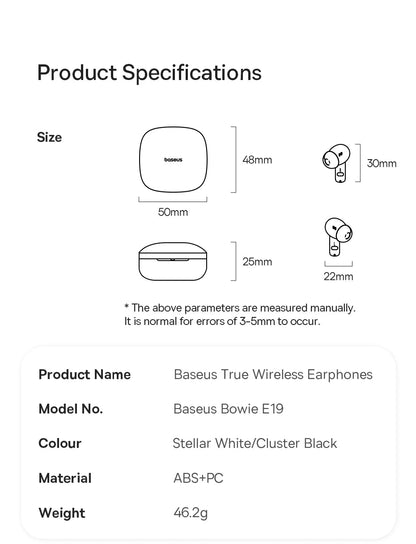 Baseus Bowie E19 Wireless Earphones Bluetooth 5.3 Big Bass 12mm Drivers IPX5 Waterproof Earbuds 33Hrs Battery Life Headphones RELUX.STORE