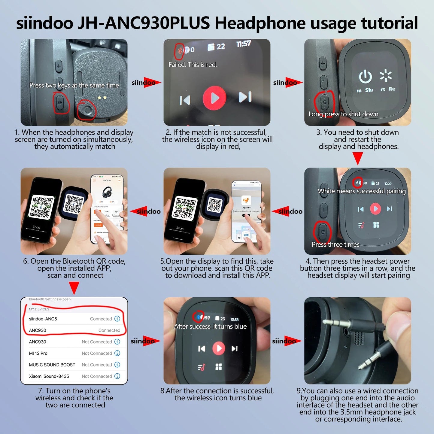 Siindoo JH-ANC930Plus Active Noise Cancelling Headphones, Hybrid Wireless Headphone With Multi Magnetic Touch Control LED Screen RELUX.STORE