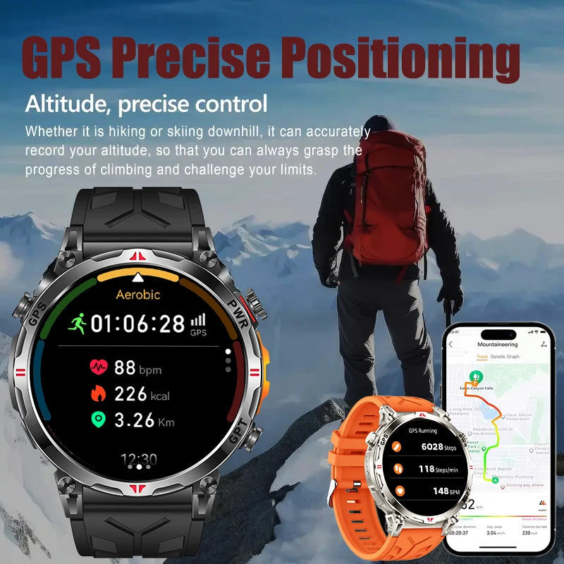 2025 New Military AMOLED HD SmartWatch 650Mah Battery GPS Compass 5ATM Waterproof Tactics 100+ Sport BT call Smart Watch For Men