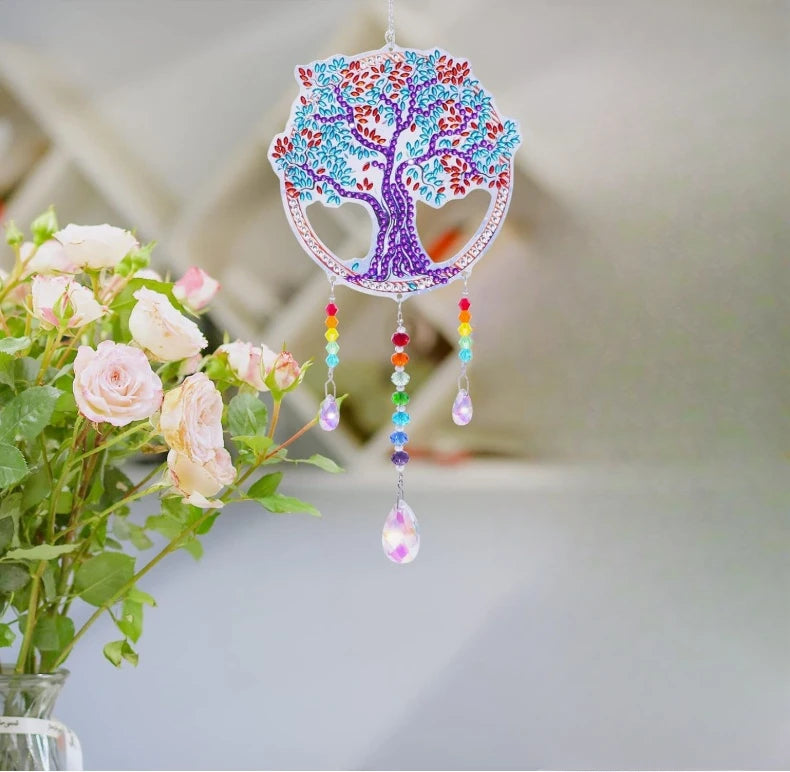 1 Acrylic Double-sided Super Flash Crystal Diamond Painting Captures Scenery Sun Moon Heart Tree Pattern DIY Wind Chimes