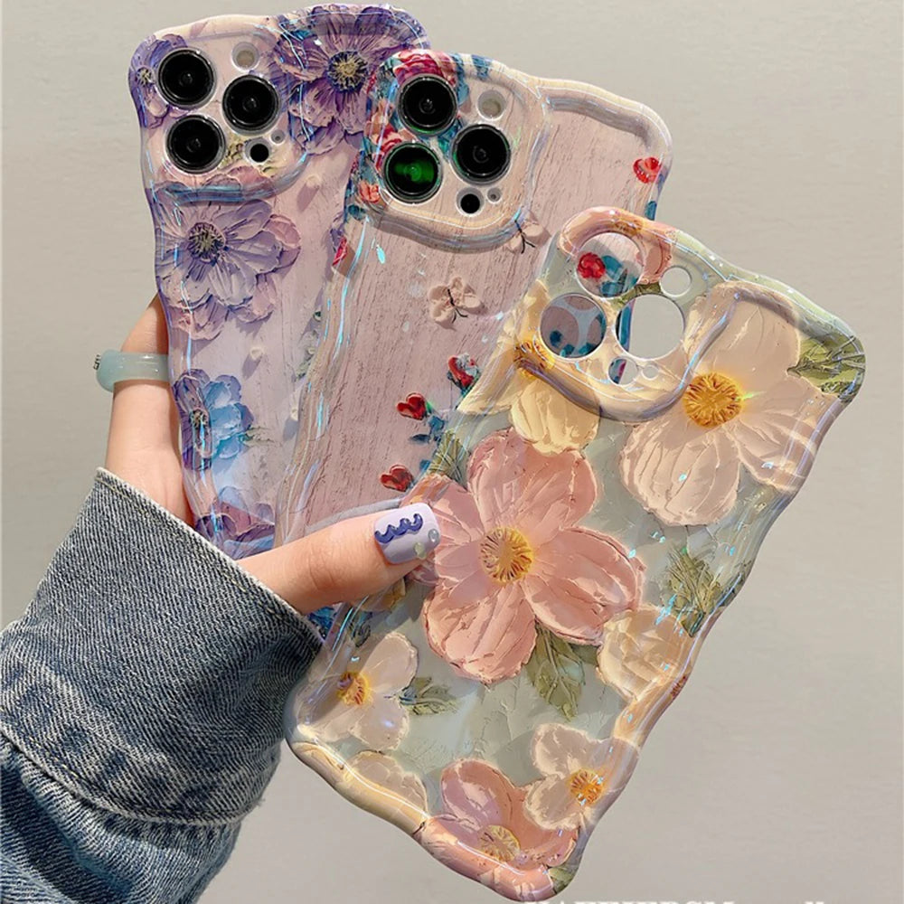 Retro Oil Painting Phone Case For iPhone 13 14 15 16 ProMax 12 11 Luxury Flower Print Shockproof Silicone Cover Artistic Decor RELUX.STORE