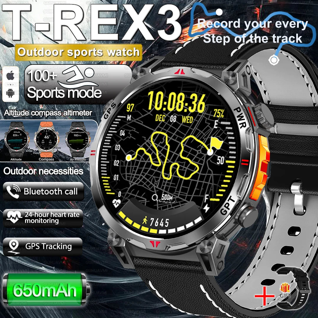 2025 New Military AMOLED HD SmartWatch 650Mah Battery GPS Compass 5ATM Waterproof Tactics 100+ Sport BT call Smart Watch For Men