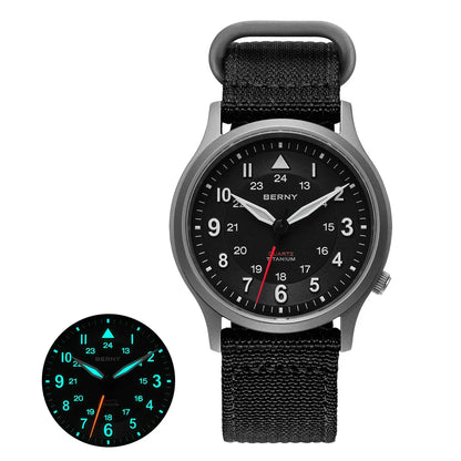 BERNY Titanium Watches for Men Classic Mens Field Pilot Watch Easy Read Outdoor Quartz Wristwatch Super Luminous Sapphire 5ATM