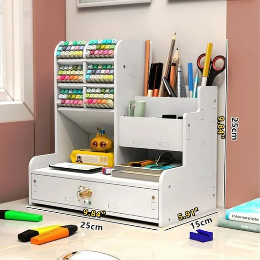 Wooden Desk Organiser DIY Desktop Tidy Pen Holder Large Capacity Stationery Storage Box with Drawer for Home Office and School