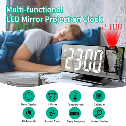 180° Arm Projection Alarm Clock Time Temperature USB Plug-in Digital Alarm Clock Snooze Table Clock 12/24H Projector LED Clock