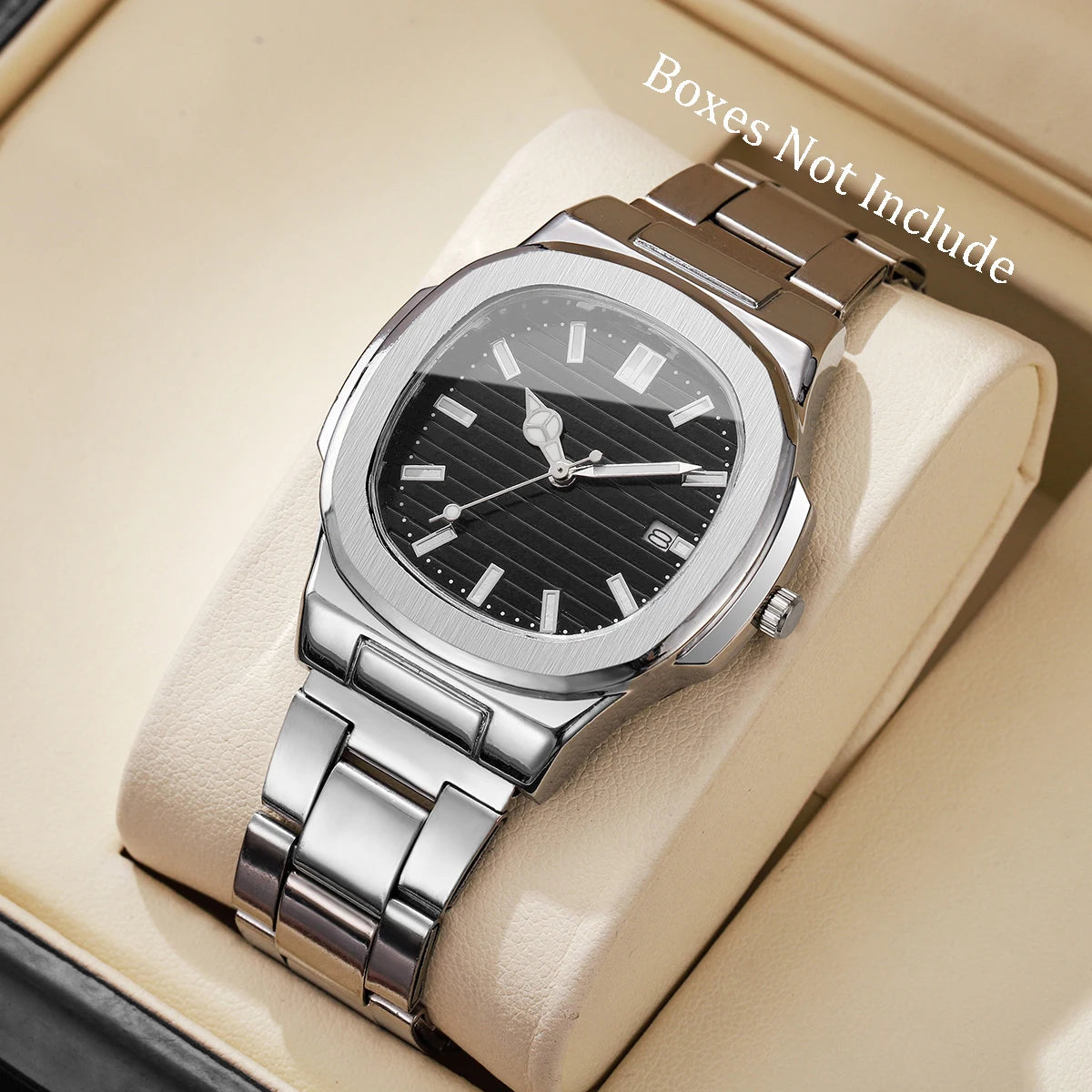 Men Fashion Wristwatches Business Square Dial Stainless Steel Strap Quartz Watch with Calendar For Mens Clock（Without Box）