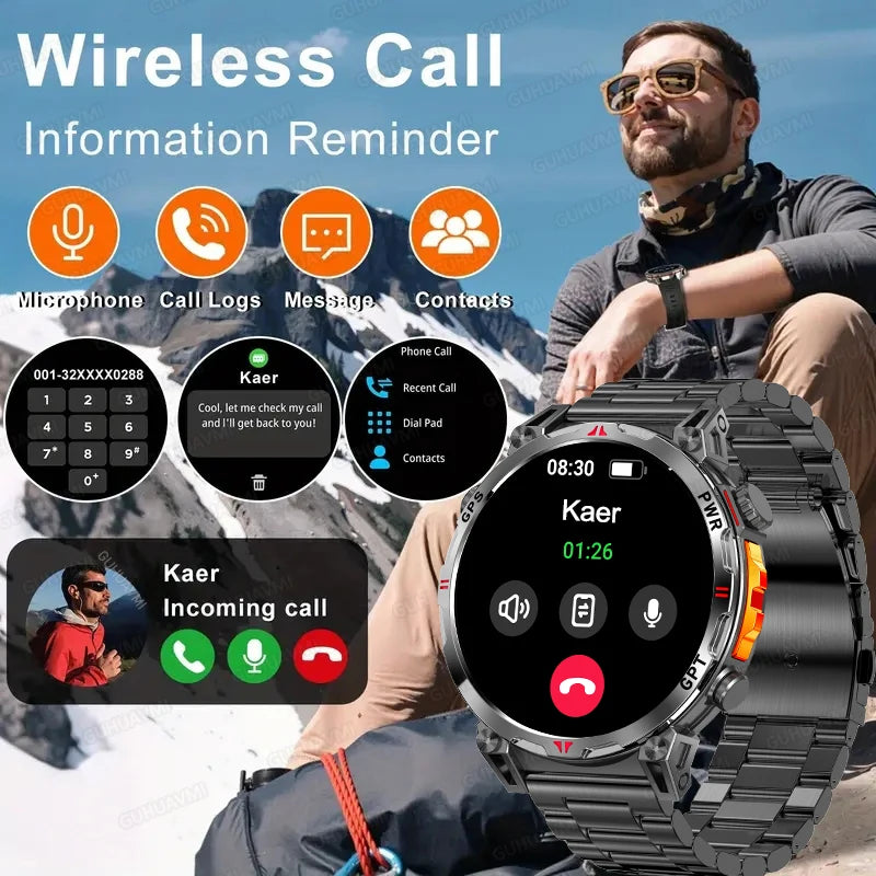 2025 New Military AMOLED HD SmartWatch 650Mah Battery GPS Compass 5ATM Waterproof Tactics 100+ Sport BT call Smart Watch For Men