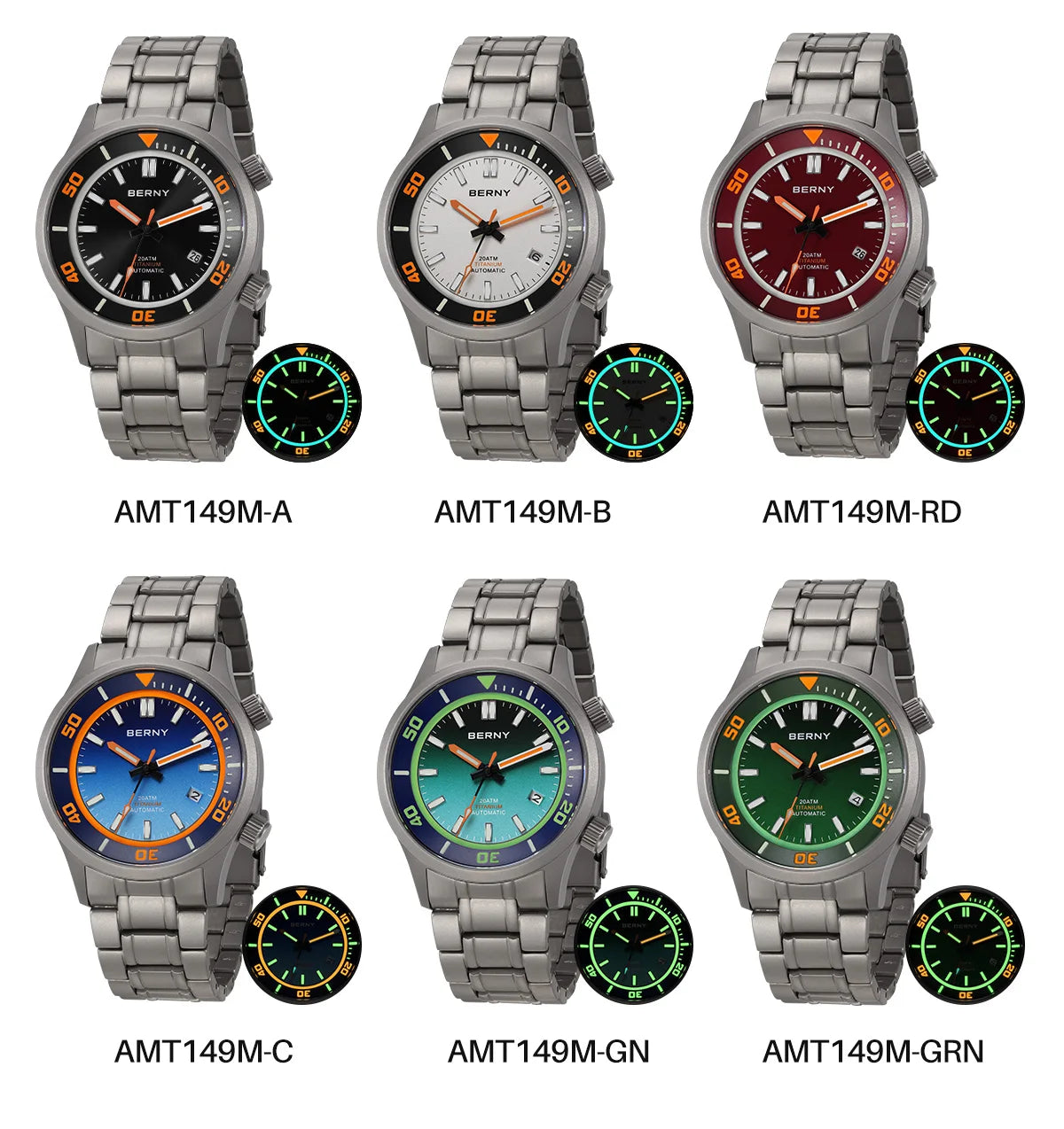 BERNY Automatic Titanium Diver Watch for Men Supper Luminous Sappire AR coated Miyota 8215 20ATM Mechanical Diving Men's Watches