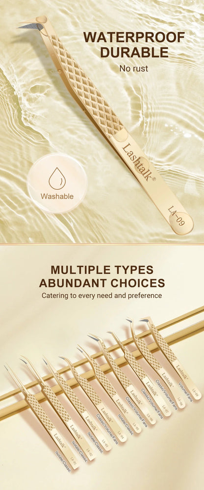 Lashtalk Precision Fiber Tip Tweezer Eyelash Extensions Diamond Grip Anti-Slip Premium Gold Stainless Steel Makeup With Box Pack RELUX.STORE