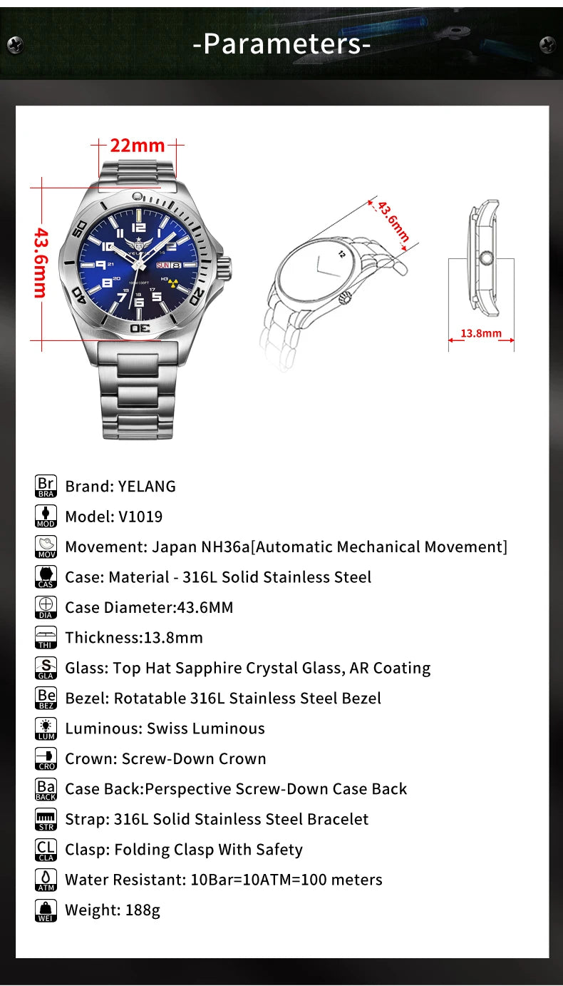 Yelang V1019 Brand 44MM Men Watch NH36 100M PROFESSIONAL WATERPROOF Deep Diving Mechanical Automatic Watch Sapphire Lens Reloj