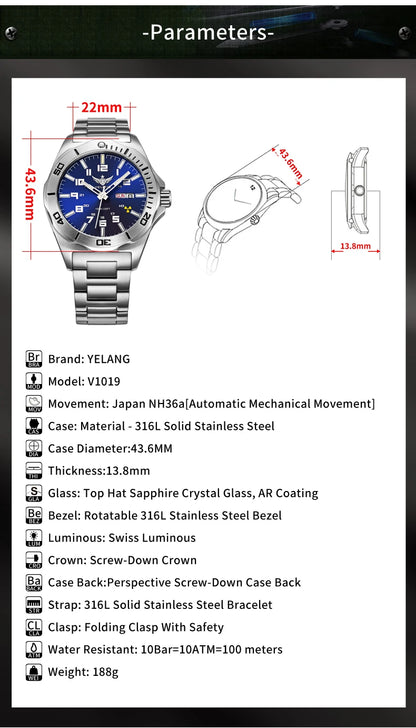 Yelang V1019 Brand 44MM Men Watch NH36 100M PROFESSIONAL WATERPROOF Deep Diving Mechanical Automatic Watch Sapphire Lens Reloj