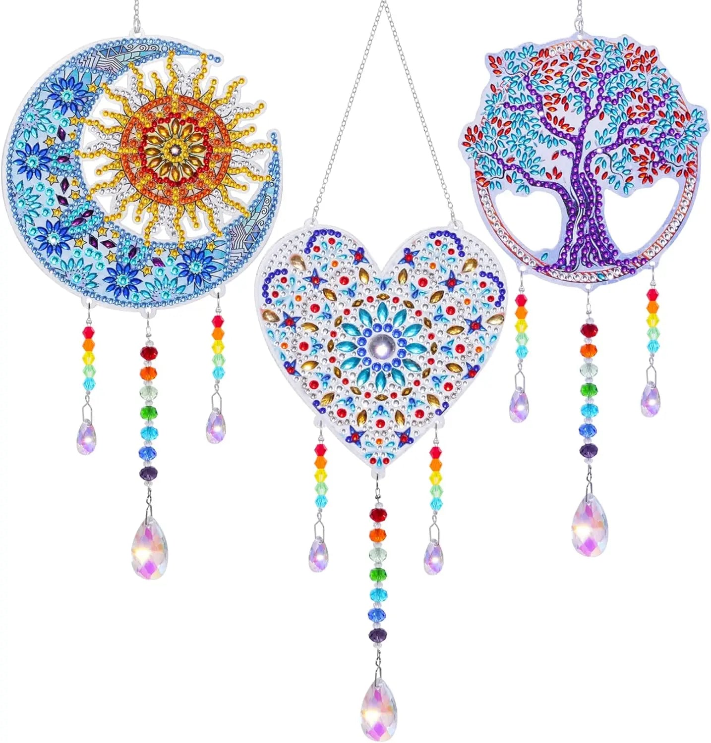 1 Acrylic Double-sided Super Flash Crystal Diamond Painting Captures Scenery Sun Moon Heart Tree Pattern DIY Wind Chimes