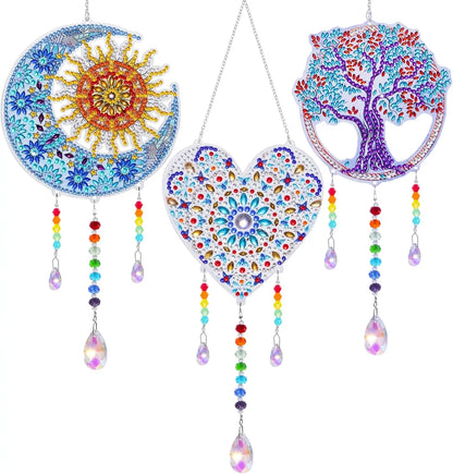 1 Acrylic Double-sided Super Flash Crystal Diamond Painting Captures Scenery Sun Moon Heart Tree Pattern DIY Wind Chimes