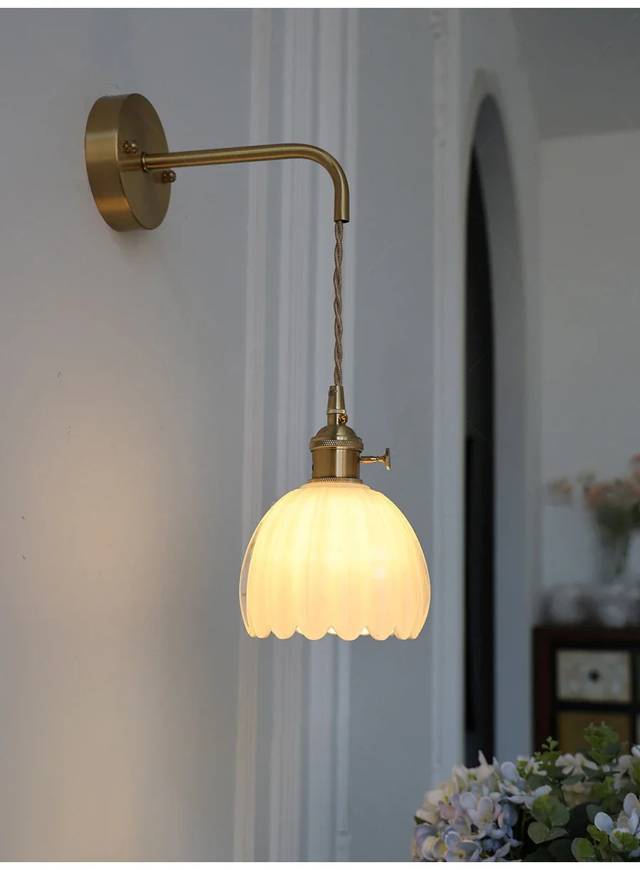 Modern Japanese Retro Floral Glass Wall Lamp Modern Simple Bedside Lamp For Bedroom Study Led Mirror Light Nordic Wall Sconce