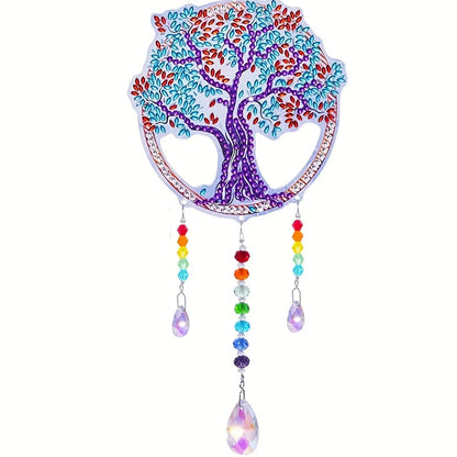 1 Acrylic Double-sided Super Flash Crystal Diamond Painting Captures Scenery Sun Moon Heart Tree Pattern DIY Wind Chimes