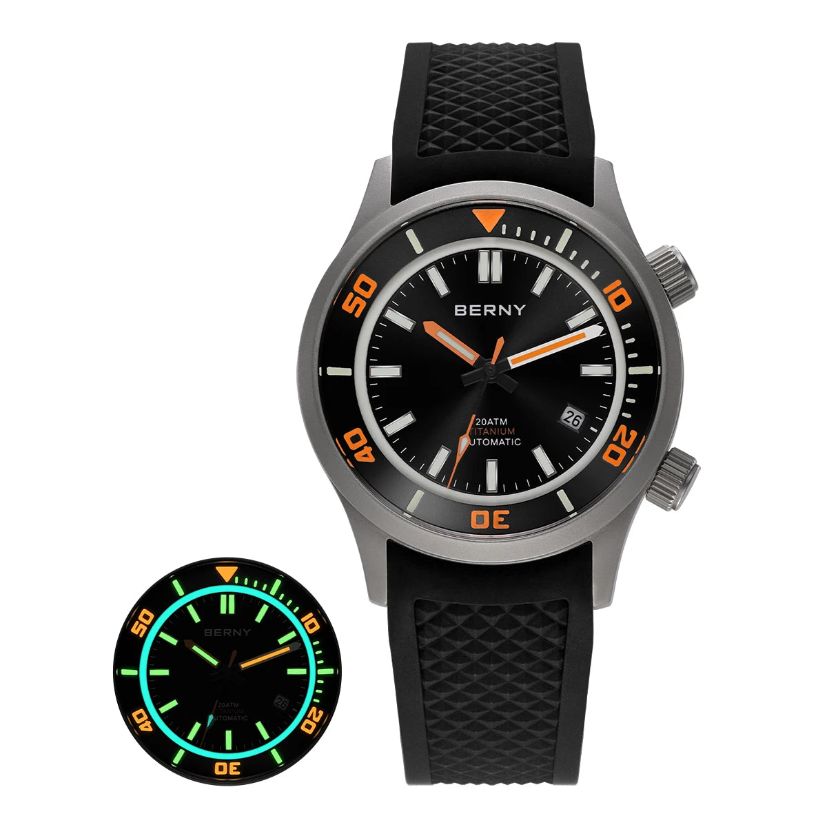 BERNY Automatic Titanium Diver Watch for Men Supper Luminous Sappire AR coated Miyota 8215 20ATM Mechanical Diving Men's Watches