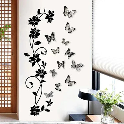 Black Flower Vine 3D Butterfly Wall Sticker Background Wall Bedroom Room Decoration Removable Wall Sticker