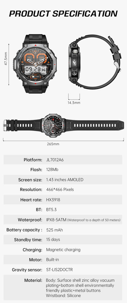 T-Rex 3 GPS Smart Watch 5ATM Waterproof 1.43 inch AMOLED HD Screen BT Call Flashlight Military Sport Smartwatches Men 2025 New
