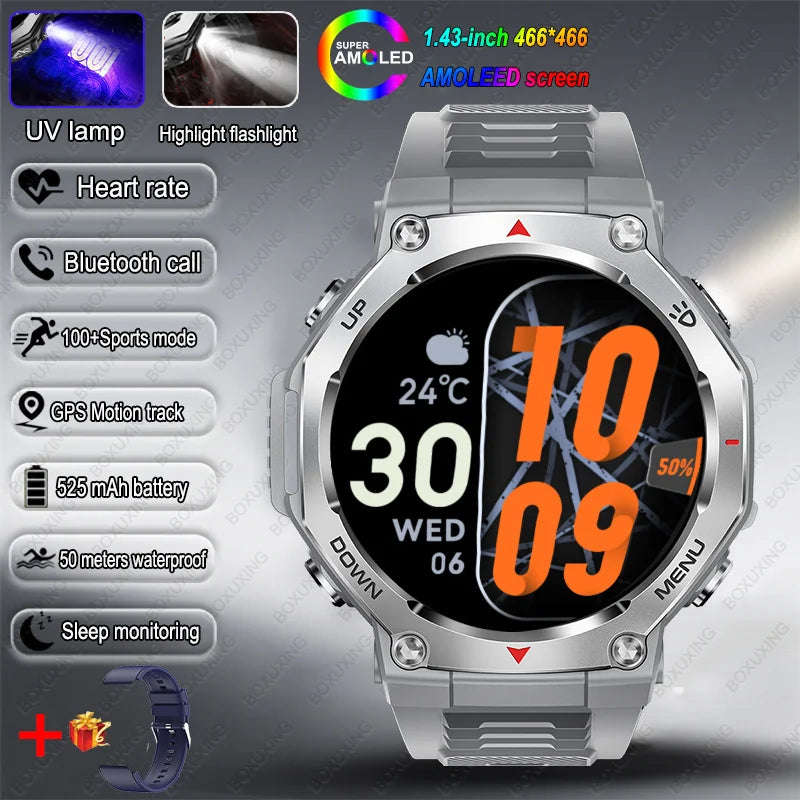 T-Rex 3 GPS Smart Watch 5ATM Waterproof 1.43 inch AMOLED HD Screen BT Call Flashlight Military Sport Smartwatches Men 2025 New