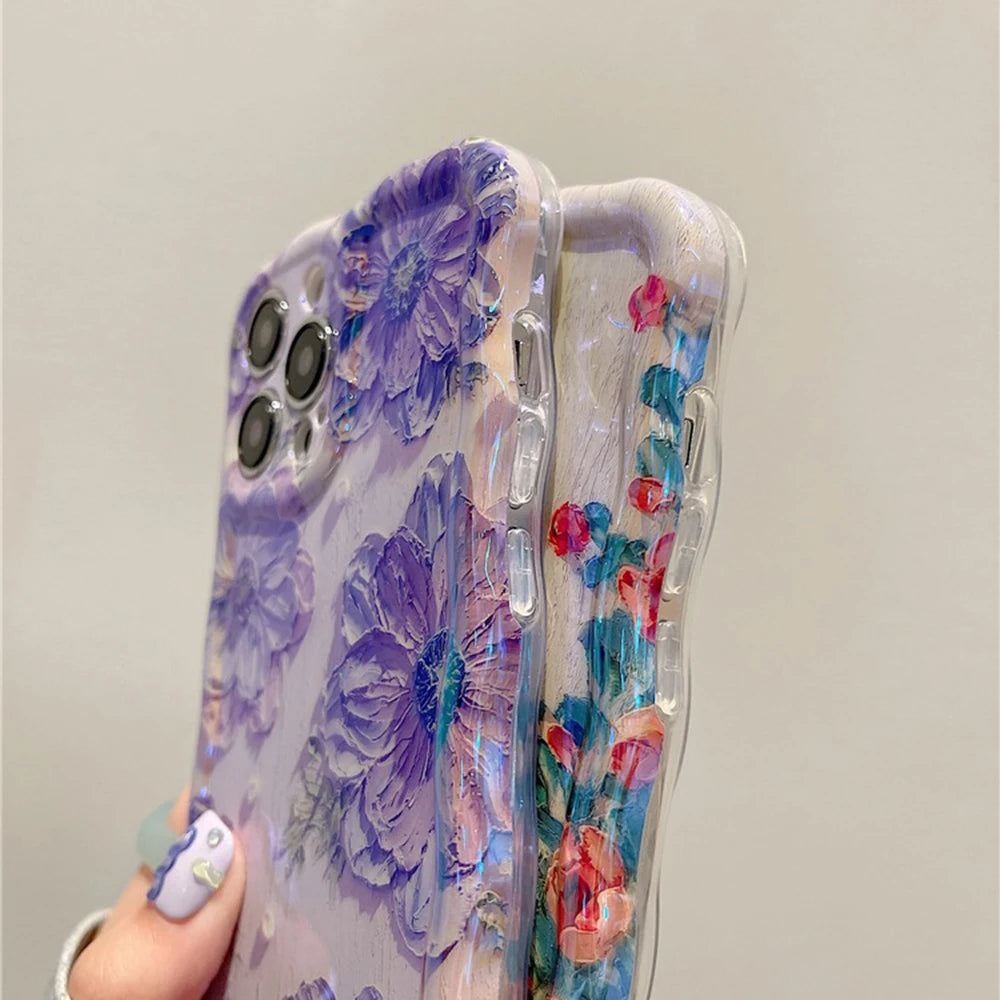 Retro Oil Painting Phone Case For iPhone 13 14 15 16 ProMax 12 11 Luxury Flower Print Shockproof Silicone Cover Artistic Decor RELUX.STORE