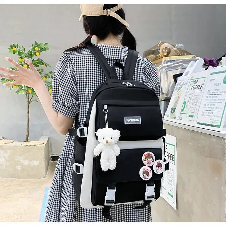 Five-Piece Set Large Capacity Fashionable Double Shoulder Backpack for Junior And High School Girls Primary School Students
