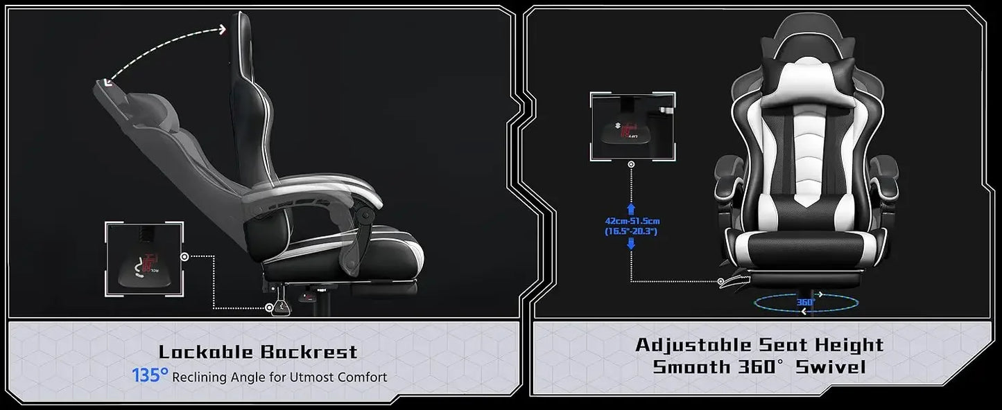 Gaming Chair, Video Game Chair with Massage Lumbar Support and Footrest Height Adjustable Ergonomic Computer Gaming Chair