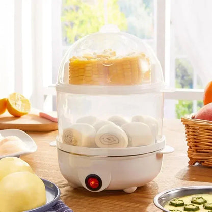 Multifunctional Electric Egg Cooker Steamer - Double Layer for Boil, Poach, Steam Eggs & Veggies, Compact Breakfast Appliance