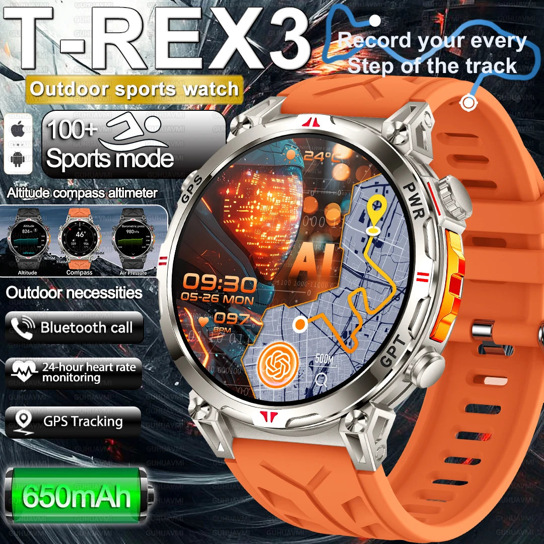 2025 New Military AMOLED HD SmartWatch 650Mah Battery GPS Compass 5ATM Waterproof Tactics 100+ Sport BT call Smart Watch For Men