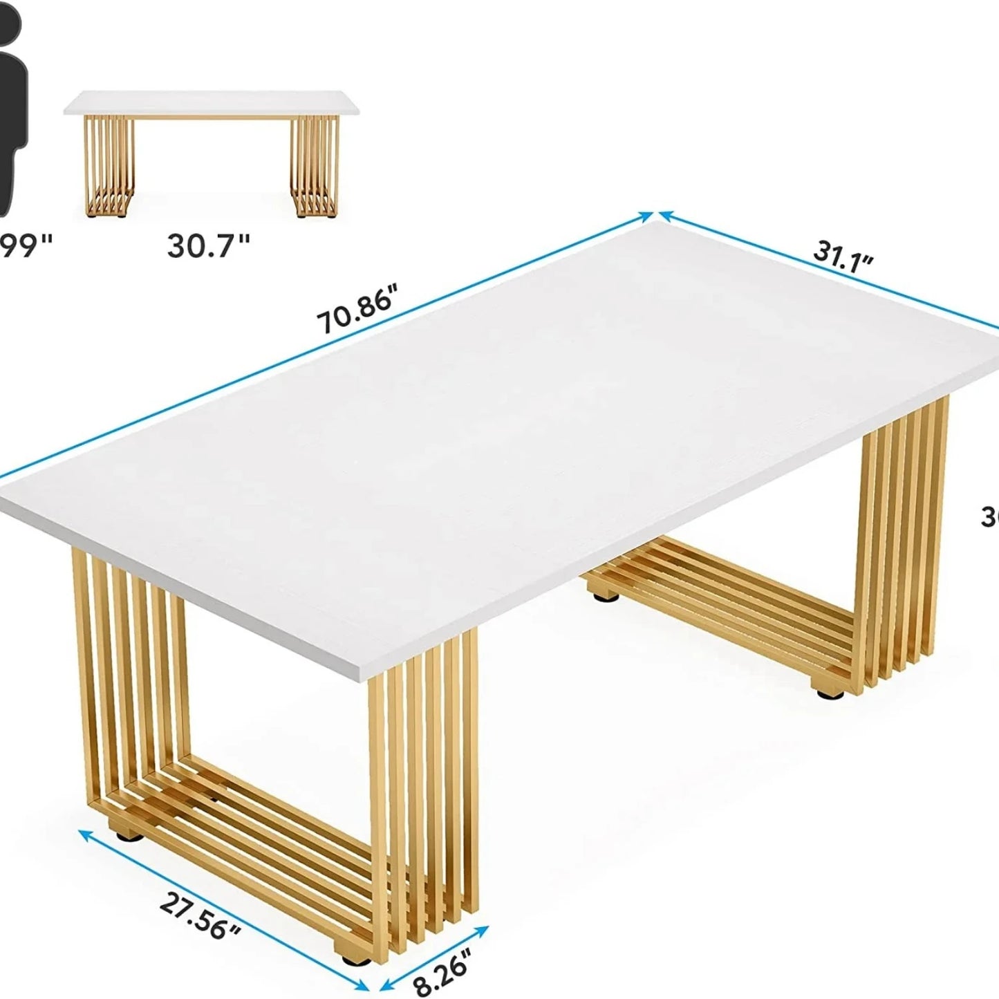 70.9" Executive Office Desk, Modern Conference Desk with Metal Frame, White Gold