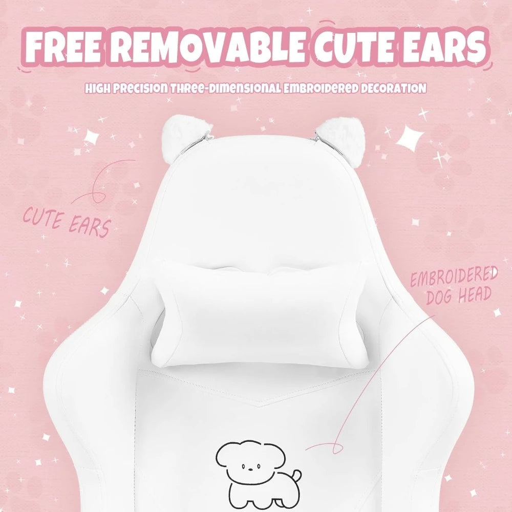 Cute Gaming Chair with Lumbar Cushion and Decorated Ears, Ergonomic Computer Chair with Footrest, Reclining PC Game Chair