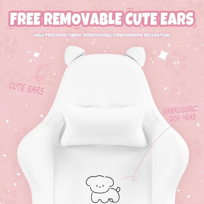 Cute Gaming Chair with Lumbar Cushion and Decorated Ears, Ergonomic Computer Chair with Footrest, Reclining PC Game Chair